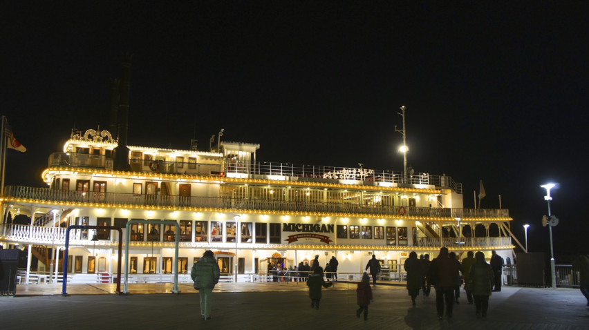 The Michigan lit up at night