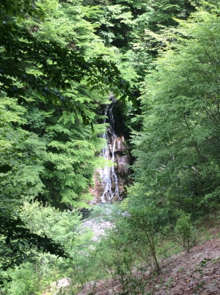 A large, partially hidden waterfall