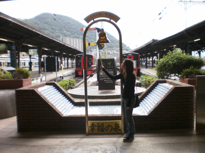 Ringing the bell at Mojiko station (it's the end of the JR Kyushu line)