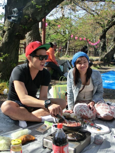 A picnic with friends under the cherry blossom trees, Kokura Castle grounds