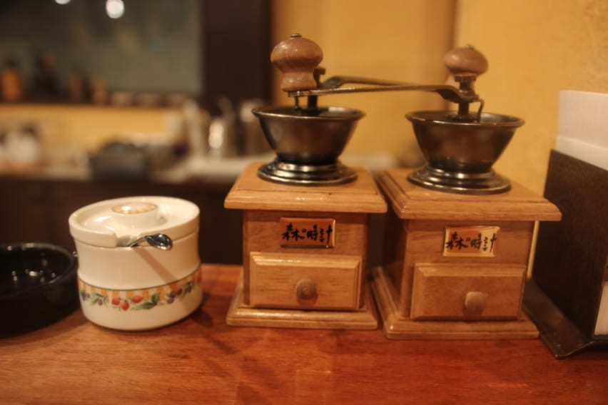 Hand coffee grinders at Mori no Tokee coffeeshop, Ningle Terrace, Furano, Hokkaido, Japan