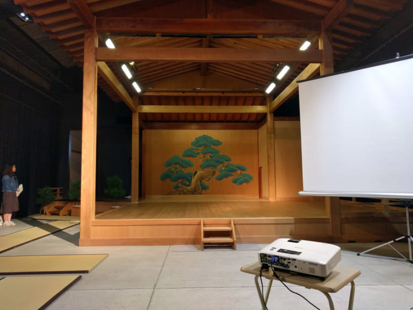 The special Noh stage hidden inside the Noh Box, the screen for the presentation, and our very helpful translator at the ready!