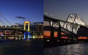 Collage of two bridges at night