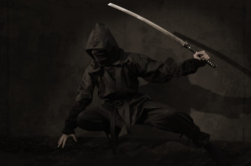 ninja in black crouching with sword