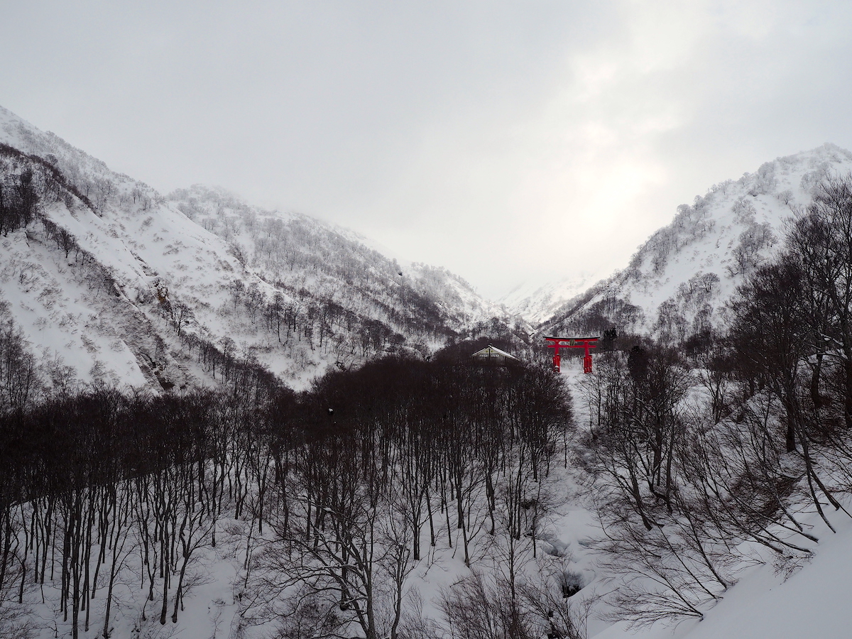 Vermillion shrine gate in the distance of a snowy landscape